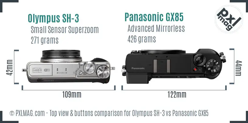 Olympus SH-3 vs Panasonic GX85 top view buttons comparison