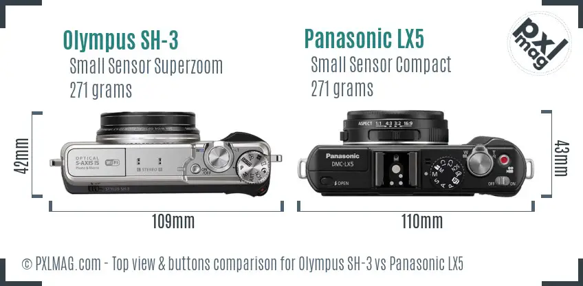 Olympus SH-3 vs Panasonic LX5 top view buttons comparison