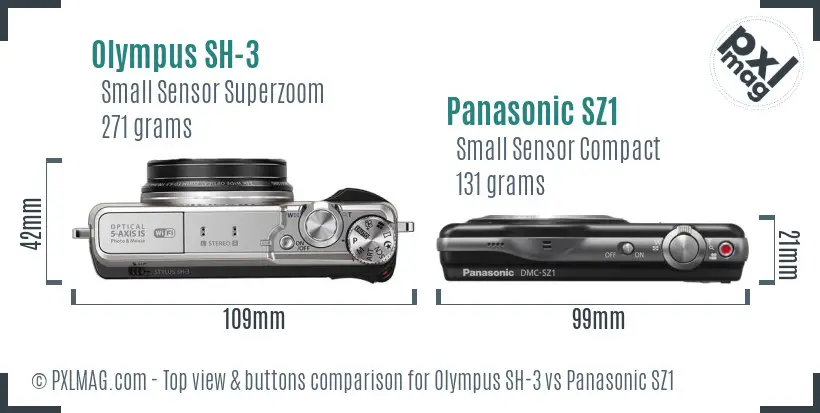 Olympus SH-3 vs Panasonic SZ1 top view buttons comparison