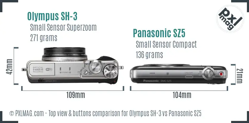 Olympus SH-3 vs Panasonic SZ5 top view buttons comparison