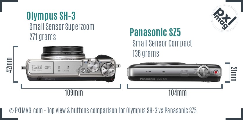 Olympus SH-3 vs Panasonic SZ5 top view buttons comparison