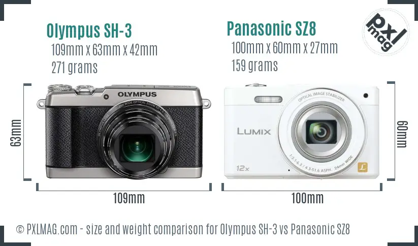 Olympus SH-3 vs Panasonic SZ8 size comparison