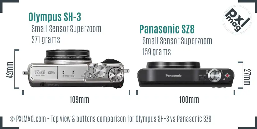 Olympus SH-3 vs Panasonic SZ8 top view buttons comparison