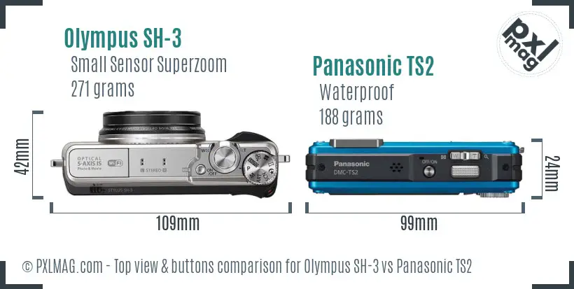 Olympus SH-3 vs Panasonic TS2 top view buttons comparison