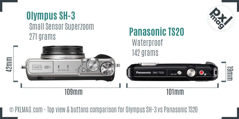 Olympus SH-3 vs Panasonic TS20 top view buttons comparison