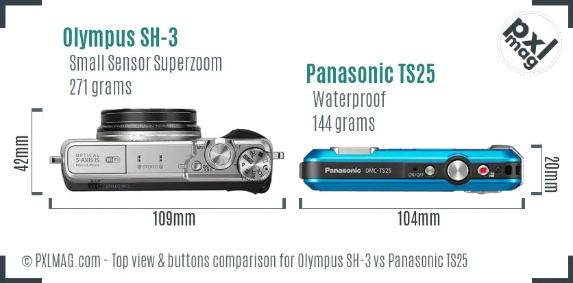 Olympus SH-3 vs Panasonic TS25 top view buttons comparison