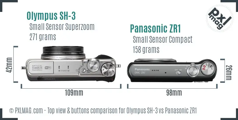 Olympus SH-3 vs Panasonic ZR1 top view buttons comparison