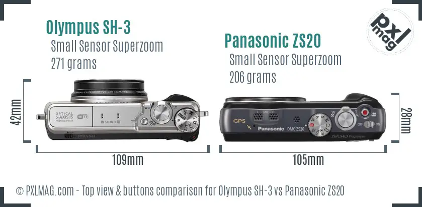Olympus SH-3 vs Panasonic ZS20 top view buttons comparison