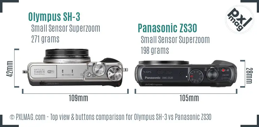 Olympus SH-3 vs Panasonic ZS30 top view buttons comparison