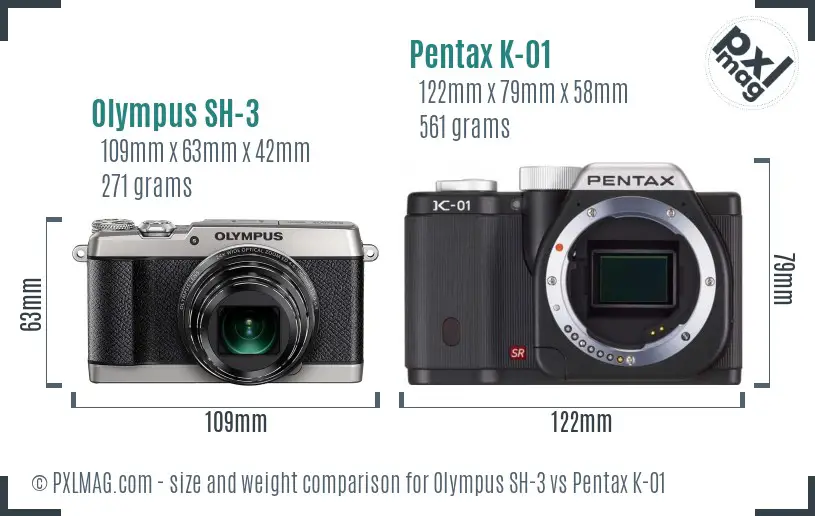 Olympus SH-3 vs Pentax K-01 size comparison