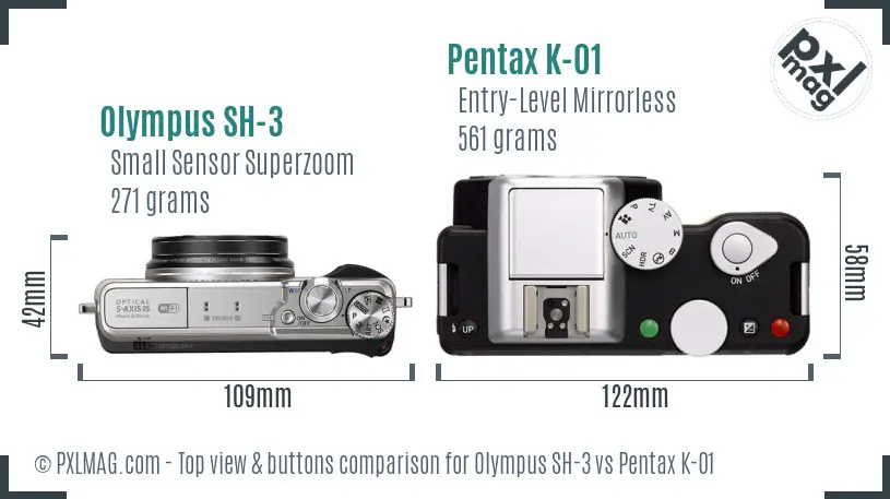 Olympus SH-3 vs Pentax K-01 top view buttons comparison