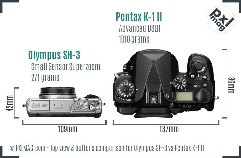 Olympus SH-3 vs Pentax K-1 II top view buttons comparison