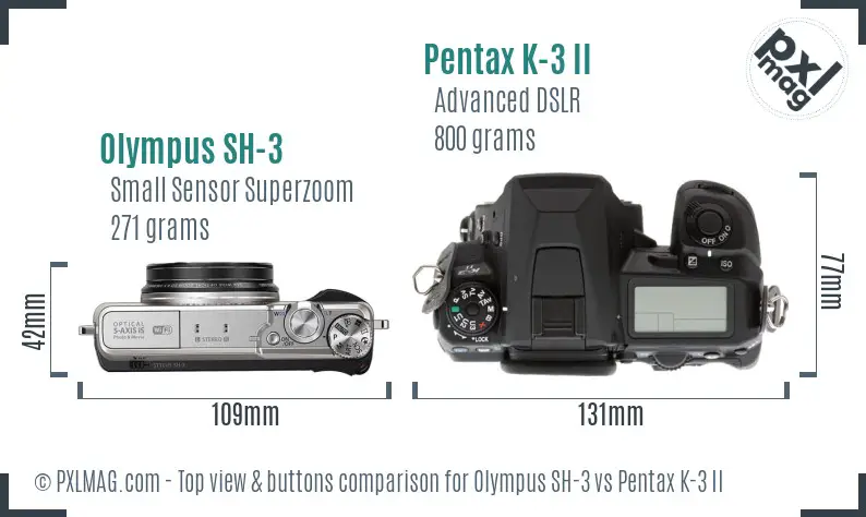 Olympus SH-3 vs Pentax K-3 II top view buttons comparison