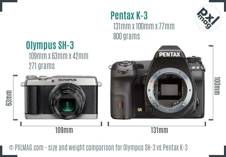 Olympus SH-3 vs Pentax K-3 size comparison