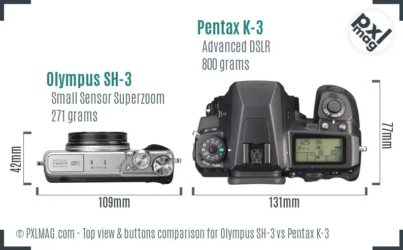 Olympus SH-3 vs Pentax K-3 top view buttons comparison