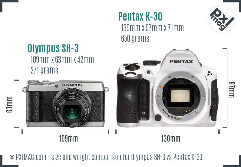 Olympus SH-3 vs Pentax K-30 size comparison