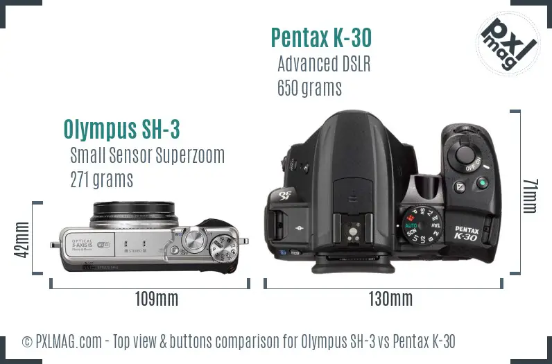 Olympus SH-3 vs Pentax K-30 top view buttons comparison