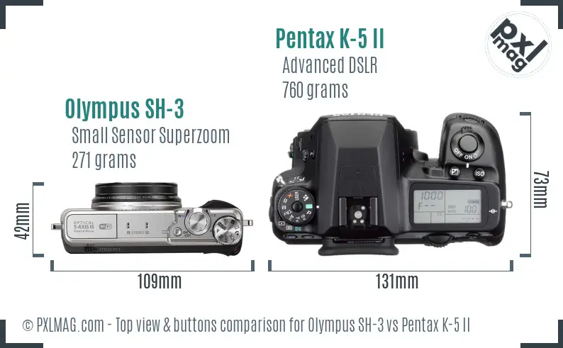 Olympus SH-3 vs Pentax K-5 II top view buttons comparison