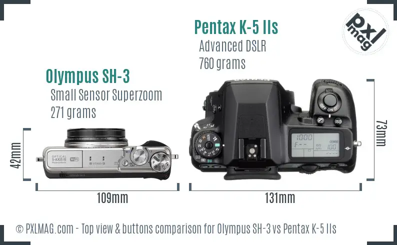 Olympus SH-3 vs Pentax K-5 IIs top view buttons comparison