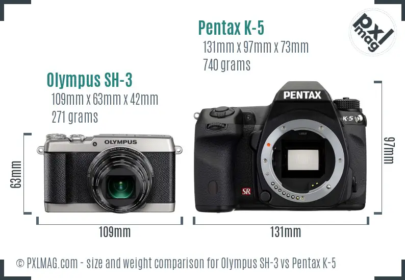 Olympus SH-3 vs Pentax K-5 size comparison