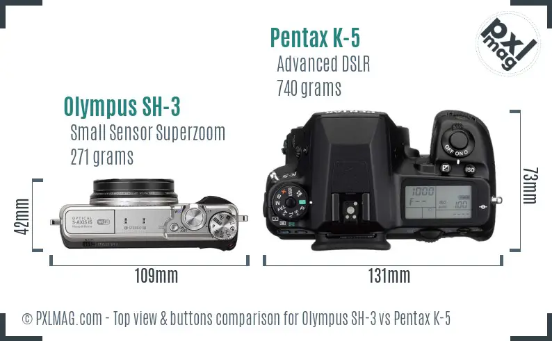 Olympus SH-3 vs Pentax K-5 top view buttons comparison