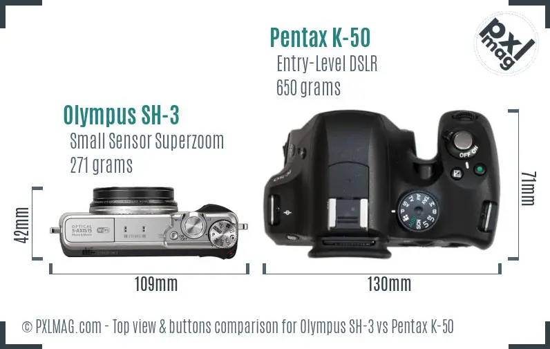 Olympus SH-3 vs Pentax K-50 top view buttons comparison