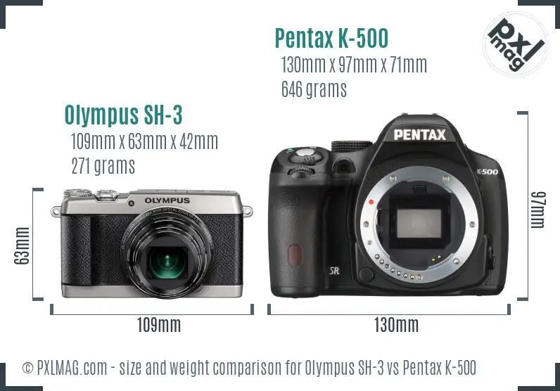 Olympus SH-3 vs Pentax K-500 size comparison