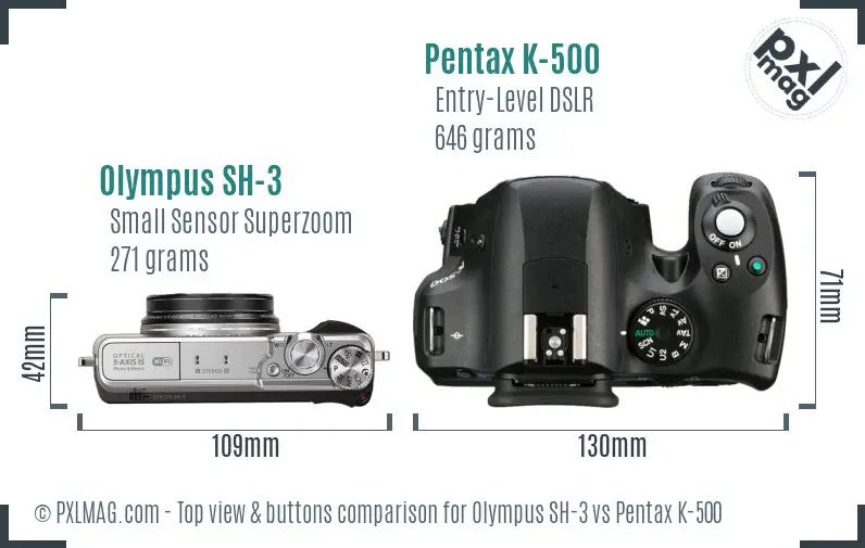 Olympus SH-3 vs Pentax K-500 top view buttons comparison