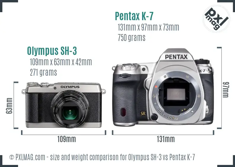 Olympus SH-3 vs Pentax K-7 size comparison