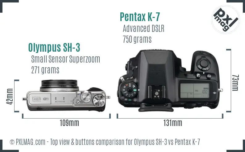 Olympus SH-3 vs Pentax K-7 top view buttons comparison