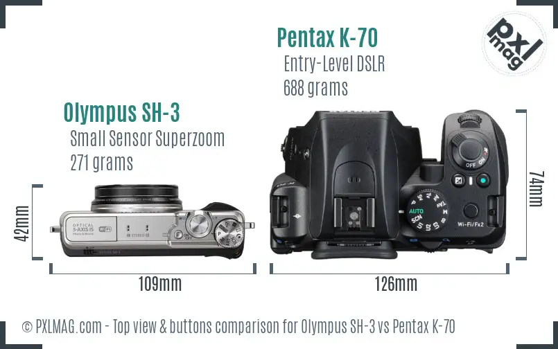 Olympus SH-3 vs Pentax K-70 top view buttons comparison