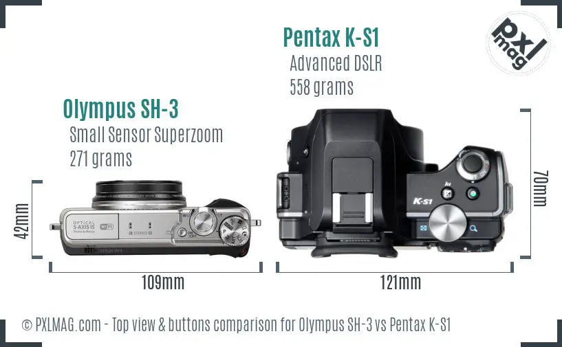 Olympus SH-3 vs Pentax K-S1 top view buttons comparison