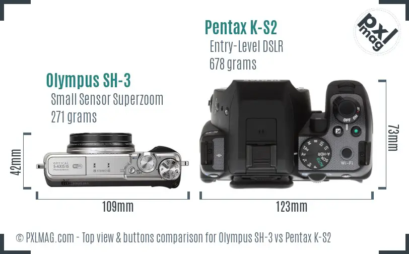 Olympus SH-3 vs Pentax K-S2 top view buttons comparison