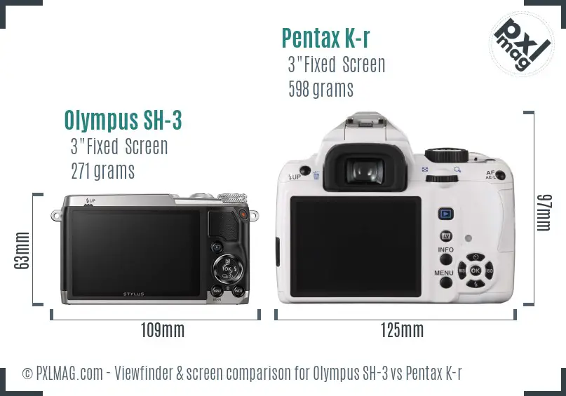 Olympus SH-3 vs Pentax K-r Screen and Viewfinder comparison