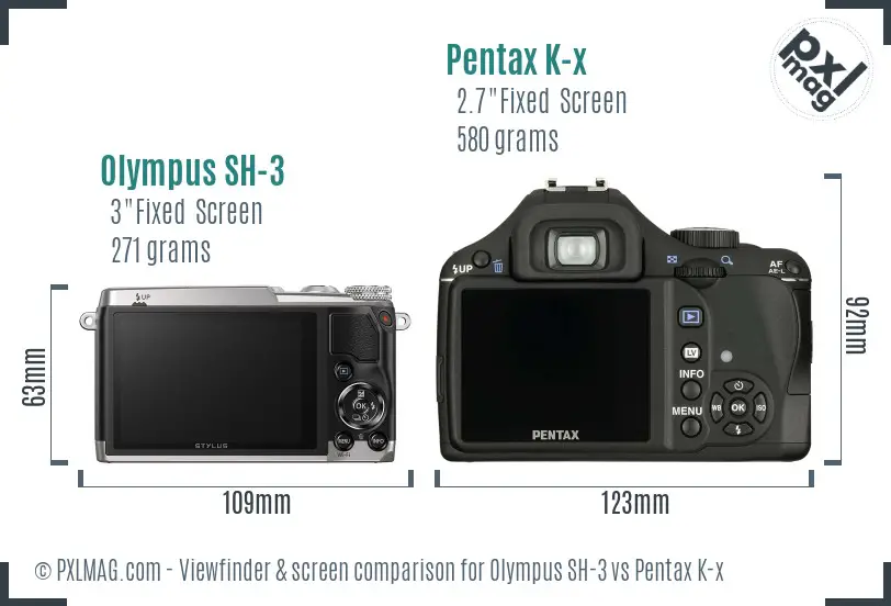 Olympus SH-3 vs Pentax K-x Screen and Viewfinder comparison
