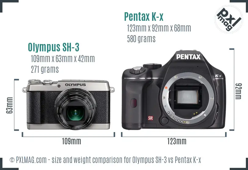 Olympus SH-3 vs Pentax K-x size comparison