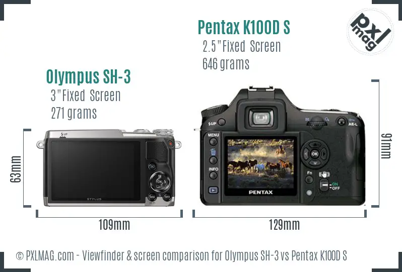 Olympus SH-3 vs Pentax K100D S Screen and Viewfinder comparison