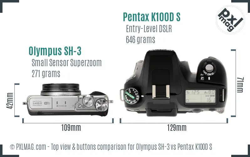 Olympus SH-3 vs Pentax K100D S top view buttons comparison