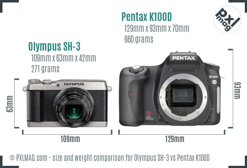 Olympus SH-3 vs Pentax K100D size comparison