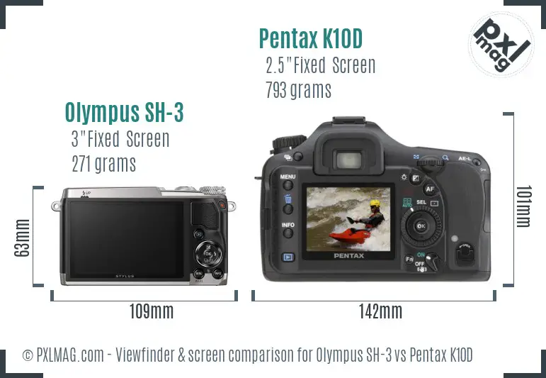 Olympus SH-3 vs Pentax K10D Screen and Viewfinder comparison