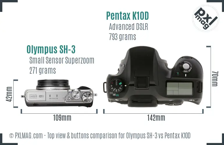 Olympus SH-3 vs Pentax K10D top view buttons comparison
