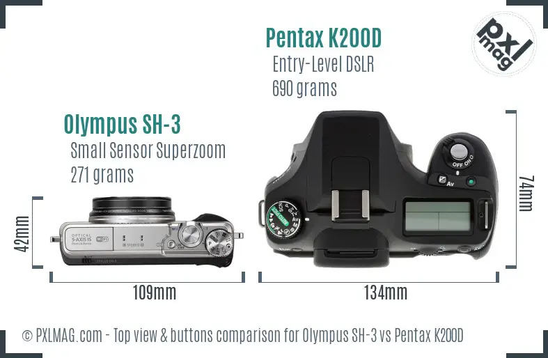 Olympus SH-3 vs Pentax K200D top view buttons comparison