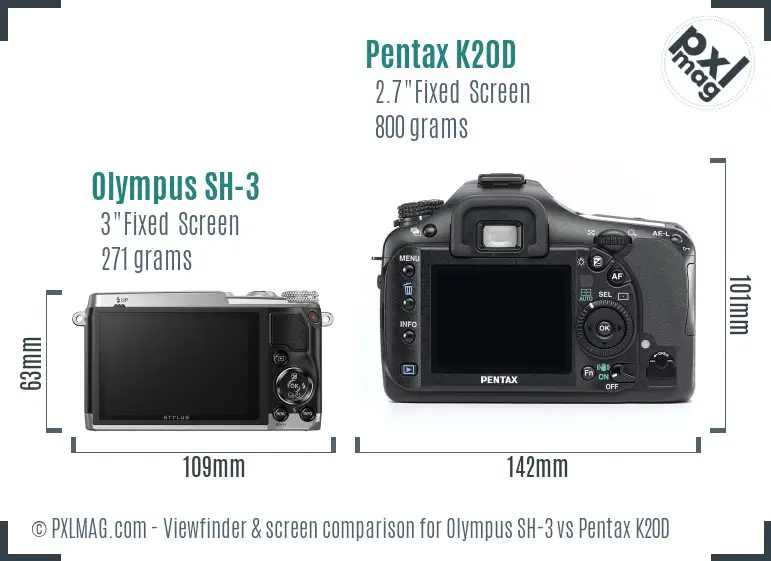 Olympus SH-3 vs Pentax K20D Screen and Viewfinder comparison