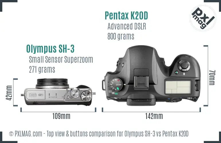 Olympus SH-3 vs Pentax K20D top view buttons comparison