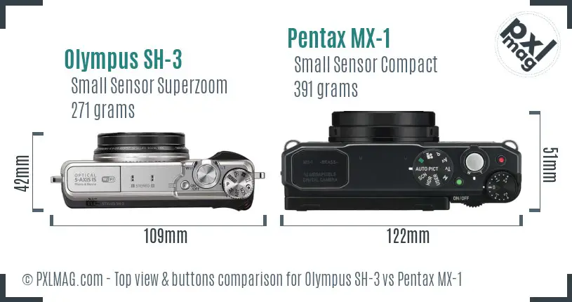 Olympus SH-3 vs Pentax MX-1 top view buttons comparison