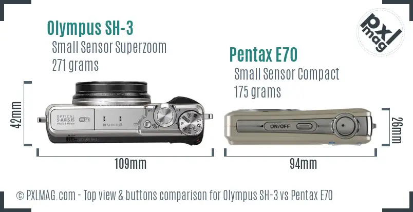 Olympus SH-3 vs Pentax E70 top view buttons comparison