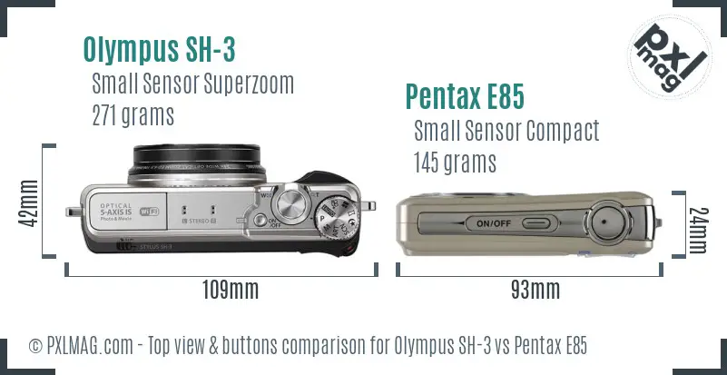 Olympus SH-3 vs Pentax E85 top view buttons comparison