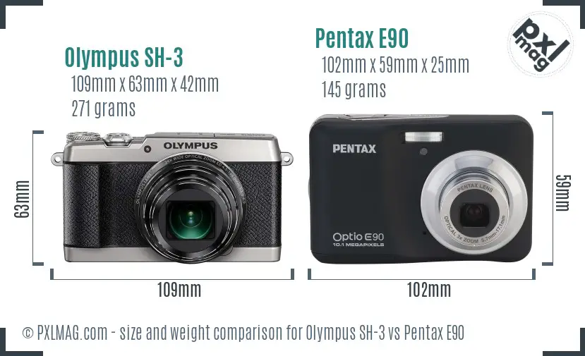 Olympus SH-3 vs Pentax E90 size comparison