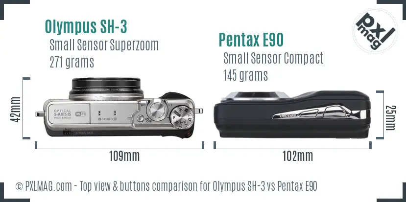 Olympus SH-3 vs Pentax E90 top view buttons comparison