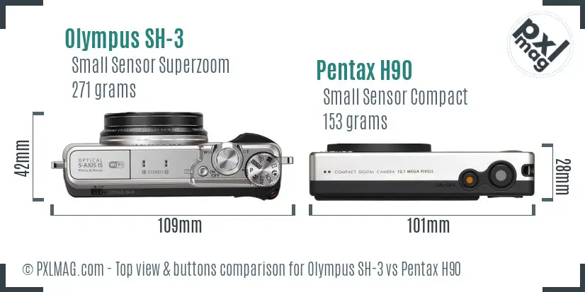 Olympus SH-3 vs Pentax H90 top view buttons comparison